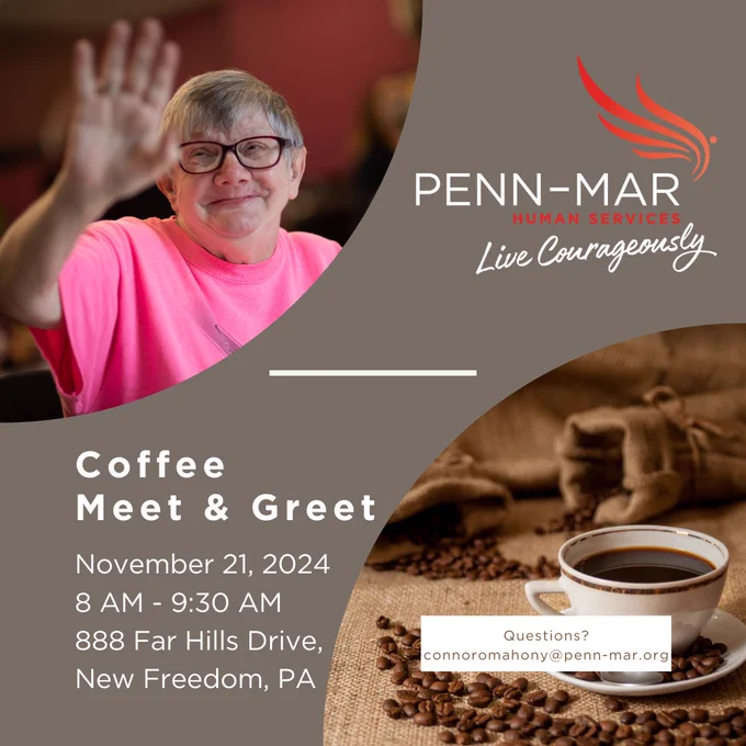 A graphic with the event information and a picture of a woman we support waving and a picture of a coffee mug.