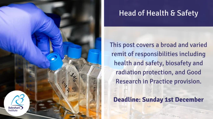 details from the job advert and a hand reaching for a bottle of media in a lab