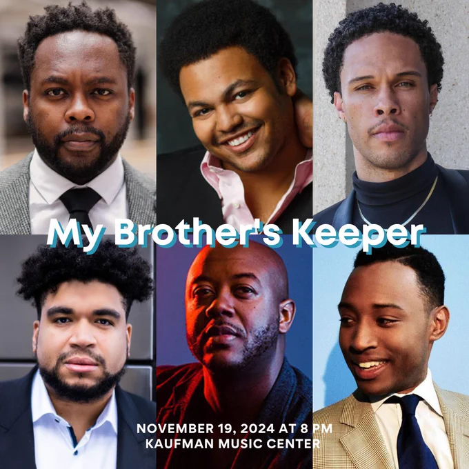 A poster for the concert "My Brothers Keeper" featuring headshots of the 6 soloists