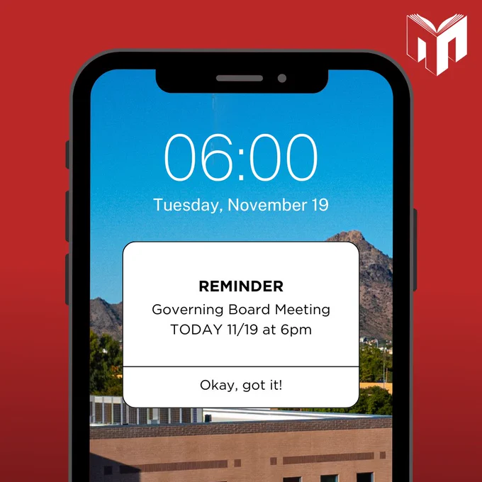 Image: phone screen showing the Madison District office building in the background with reminder bubble