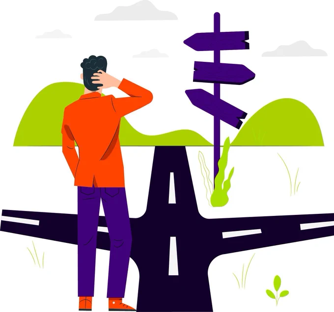 A man standing at a crossroads scratching his head. In front of him is a signpost with no wording on it.