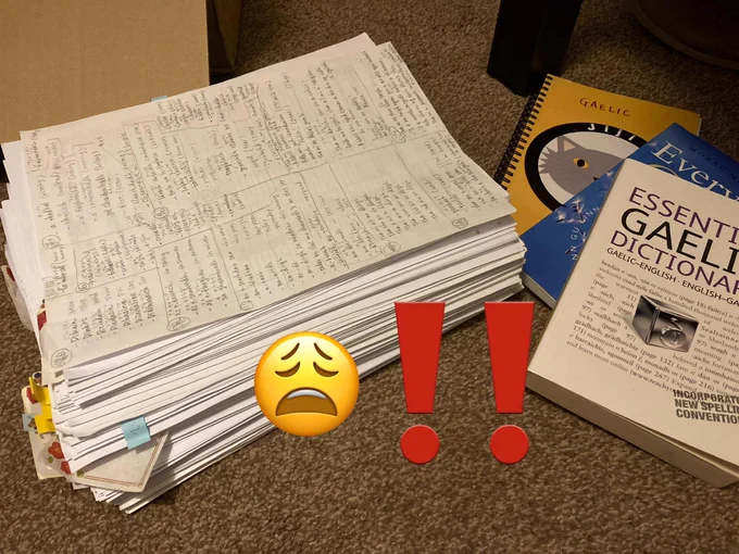 A picture that shows a few language study items on floor. A thick pile of papers of notes, a Gaelic language text book, a Gaelic dictionary, and a yellow notebook. There is two emojis on top of the picture showing an overwhelmed face and two alerting exclamation marks. 