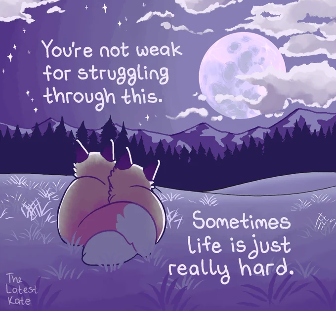 A drawing of two foxes snuggling while looking out at a moon-lit landscape. The caption reads, "You're not weak for struggling through this.
Sometimes life is just really hard."