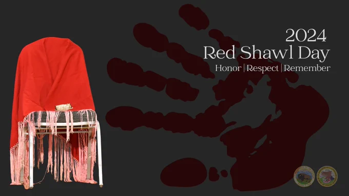 A graphic with a red handprint in the background and a chair with a red shawl draped over it with a bundle of burning sage. The text reads: 2024 Red Shawl Day, honor, respect, remember.