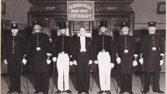 Black and white photo of police uniforms throughout the years taken to celebrate the 1949 centenary of the Oldham police service.