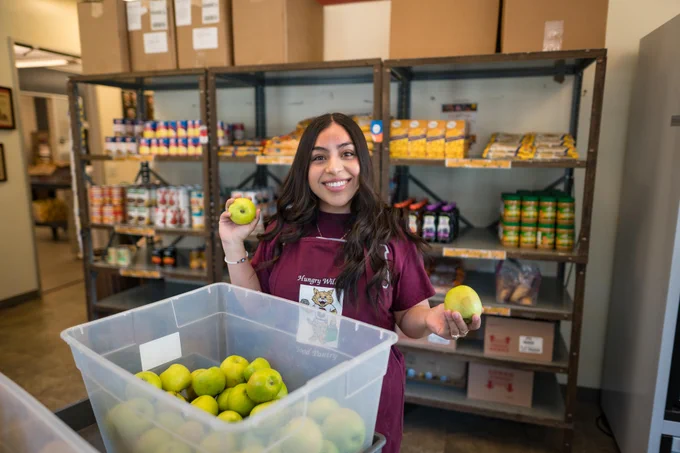 A Chico State student unpacks a bin of green apples in the Wildcat Food Pantry.