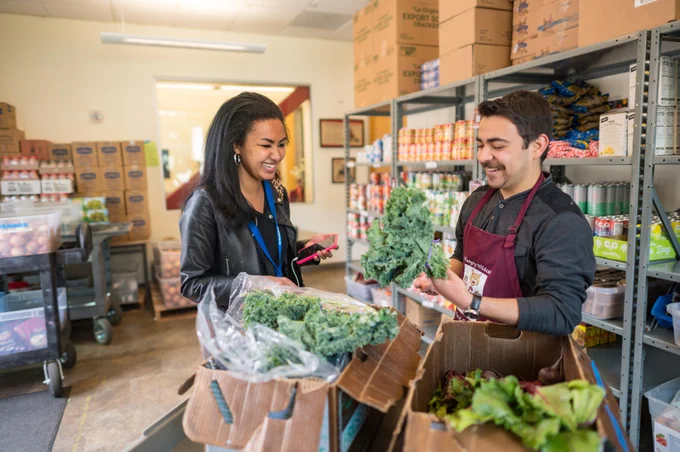 Chico State students unpack lettuce and kale at the Wildcat Food Pantry.
