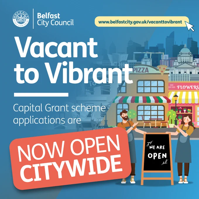 Advertisement for Vacant to Vibrant info sessions, showing illustrations of street traders. Text states 'now open citywide'. 