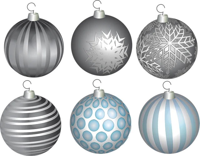 A set of six round silver and blue Christmas tree decoration with hanging hooks.