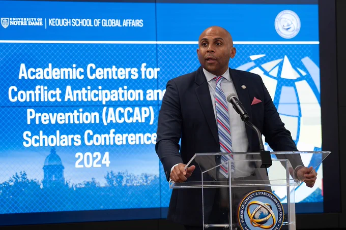 The Keough School and the State Department's Bureau of Conflict and Stabilization Operations co-hosted the Academic Centers of Conflict Anticipation and Prevention (ACCAP) Scholars Conference in Washington, D.C. Leading experts and scholars explored cutting-edge perspectives on conflict prevention and anticipation. This two-day conference showcased the collaborative research efforts between the U.S. Department of State and key university partners.