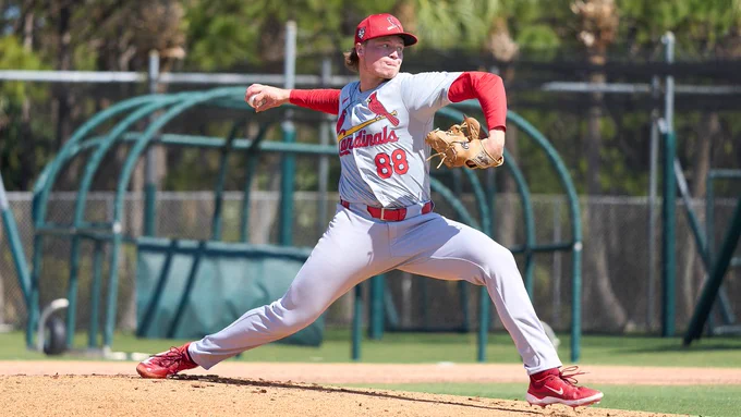 Right-handed pitcher Tekoah Roby throws a pitch during a Cardinals Spring Training practice.