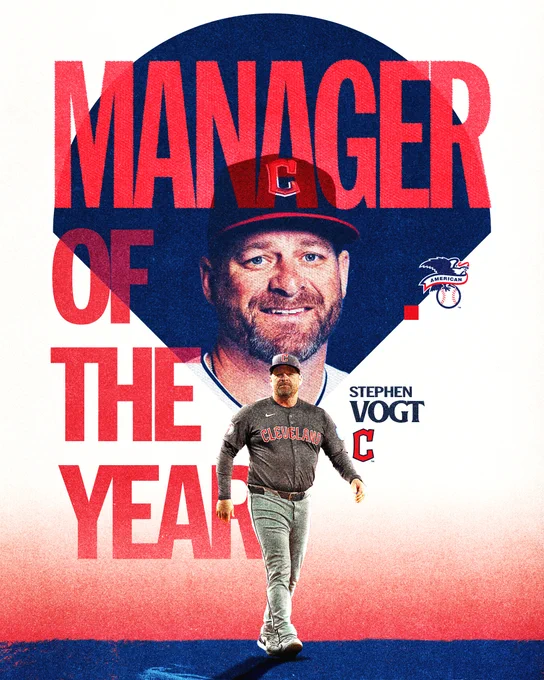 American League Manager of the Year: Stephen Vogt, Cleveland Guardians
Pictured: Stephen Vogt wears a dark blue Cleveland Guardians cap (inside the diamond). A cutout of Stephen Vogt wearing a dark blue Cleveland Guardians uniform and cap (bottom).