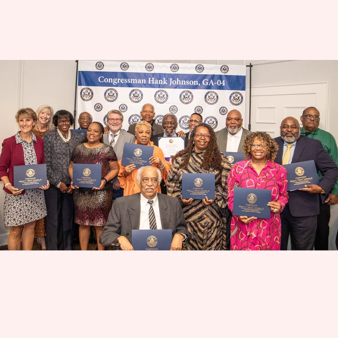 Photo from Congressman Hank Johnson’s Unsung Heroes Awards program November 17, 2024, with group of honorees.