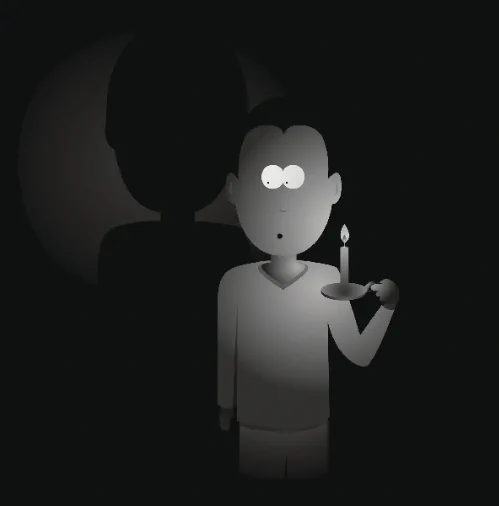 #Accessibility: A black and white cartoon of a concerned man in a dark room. The only light illuminating him is the candle he is holding.
