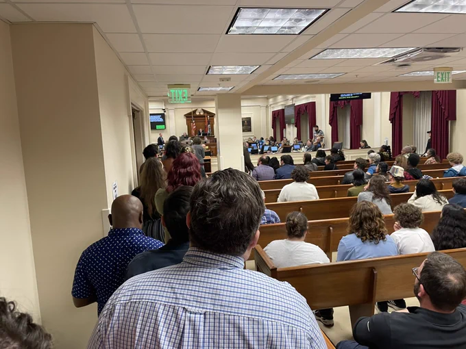 Nashvillians stand in line at the Metro Council chamber to tell the council members to vote no on FUSUS.