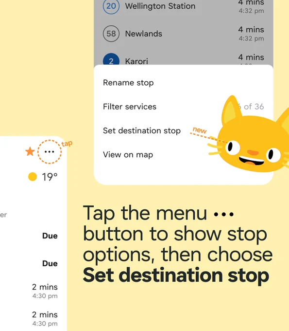 Tap the menu button to show stop options, then choose Set destination stop