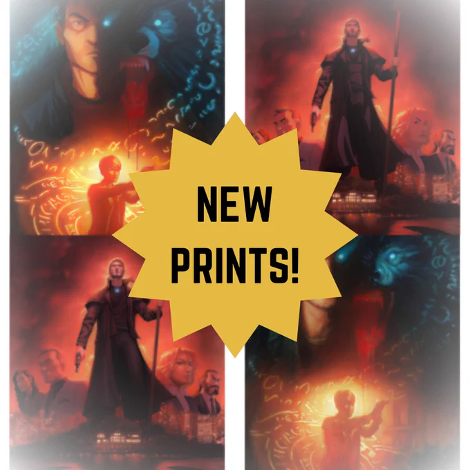 Photo shows four Dresden Files prints with text, "New Prints!" 