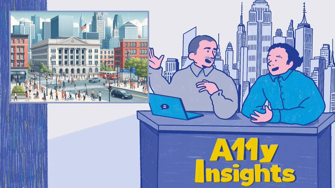 Illustration of Thomas and Ken at a desk with A11y Insights. Thomas has a laptop in front of him. A city skyline is in the distance behind them. The news window shows a city street with people and cars and City Hall with an American flag. Buildings surround it. 