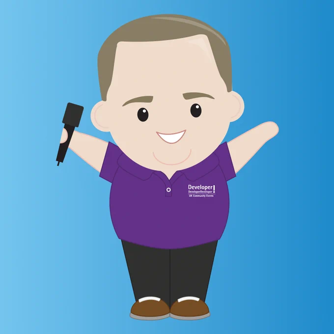Robert Hogg (in cartoon form) wearing a purple DDD polo shirt, holding a mic in his right hand, ready to announce DDD North.