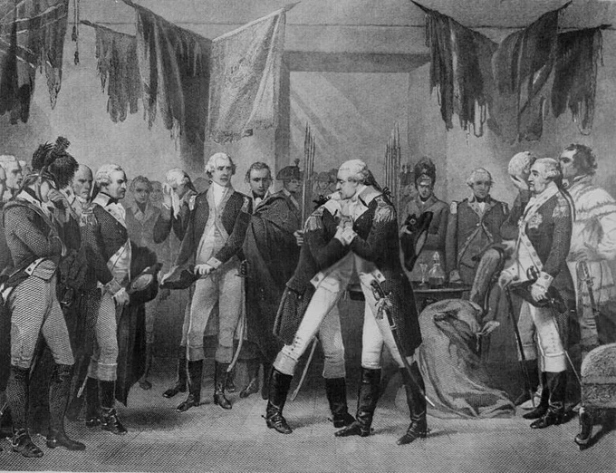 This is a black and white portrait of George Washington saying goodbye at Fraunces Tavern.