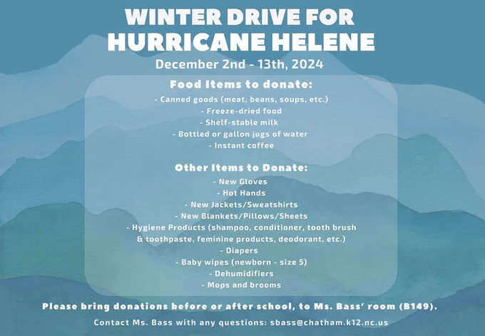 Flyer for Hurricane Helene relief drive listing items to donate over Blue Ridge Mountains background. 