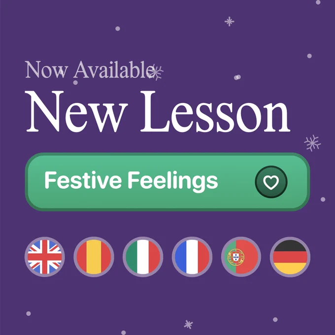 Promo image showing:

Now Available
New Lesson
Festive Feelings

With some country flags underneath