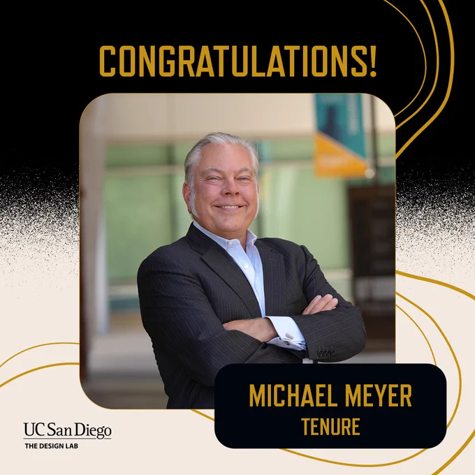 A photo of Michael Meyer inset inside a graphic frame of swirls and gritty texture. It has the Design Lab logo and the words "Congratulations!" and "Michael Meyer, Tenure."
