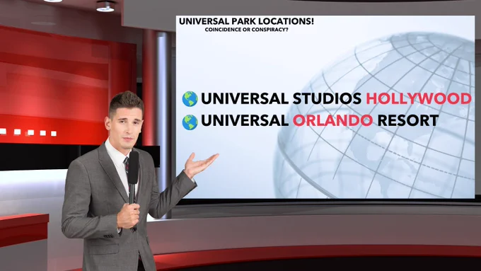 Photo of a TV news anchor with a screen in the back stating "Universal Park locations! Coincidence or conspiracy?" Universal Studios Hollywood (with Hollywood in red text) and Universal Orlando Resort (with Orlando in red text)