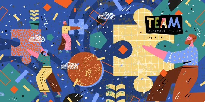 People are shown holding colorful puzzle pieces in this image with the word "TEAM" in a black box. 