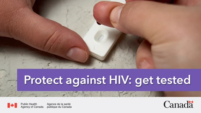 Hand holding a HIV test while the other hand applies a drop of blood. Image reads: protect against HIV : get tested