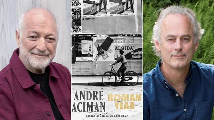 Headshots of Aciman and Towles with the book cover of Roman Year