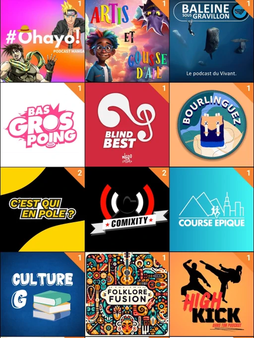 Capture d'écran de l'application Podcast addict 
#Ohayo
Artis & Gousse d'ail 
Baleine sous gravillons 
Bas gros poing
Blind best 
Bourlinguez 
C'est qui en pole 
Comixity
Course épique 
Culture G
Folklore Fusion 
High kick dans ton Podcast 