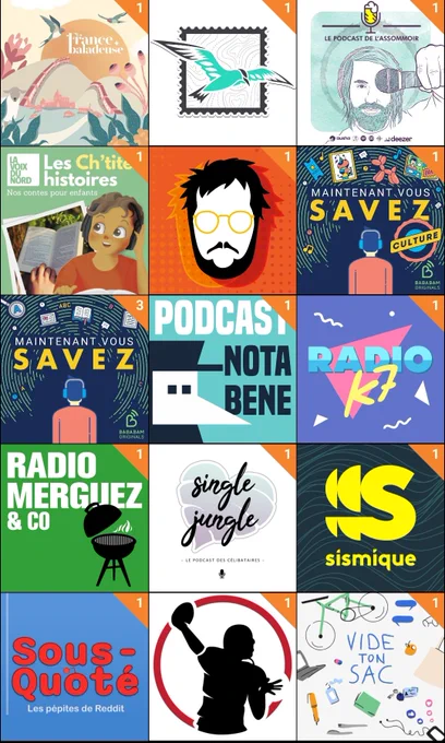 Capture d'écran de l'application Podcast addict
La France Baladeuse 
Le courrier de la Sterne 
Le podcast de L'assommoir 
Les ch'tites histoires 
Linguisticae 
Maintenant vous savez 
Nota Bene 
Radio K7
Radio merguez & Co
Single jungle 
Sismique 
Sous quoté
TD Actu
Vide ton sac
