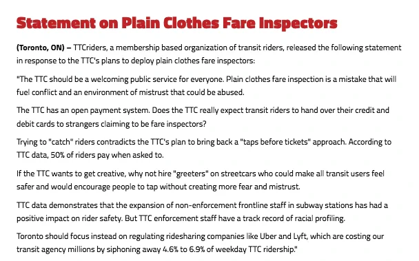 Screenshot of press release titled: Statement on Plain Clothes Fare Inspectors

Read full statement at link in Tweet