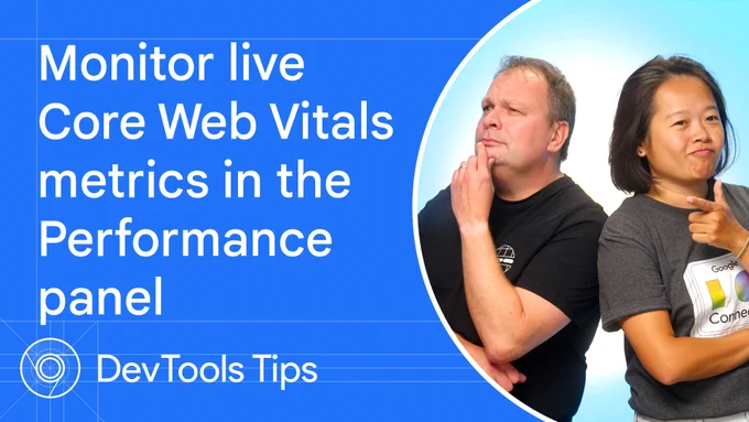 Monitor live Core Web Vitals in Chrome DevTools #DevToolsTips

Barry shows Jecelyn the new Performance panel landing page featuring a live view of your local Core Web Vitals performance. Learn how it can be used to debug LCP issues, use CrUX data to see if you’re debugging a similar experience to your users, and measure INP in real time as you interact with the page.
