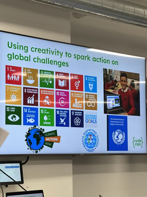 A slide from a presentation showing different ways creativity can spark action on global challenges. There’s is also a picture of a boy holding a laptop and smiling, and the logos for Climate Action Now, UNICEF, the UN Convention on the Rights of the Child and Code Club