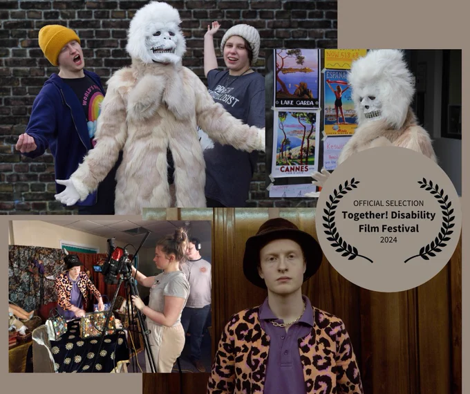 Collage of 4 stills and behind the scenes photos of the making of the films on a beige background.

Will of the Handbag features a person dressed in a leopard print jacket and a black brimmed hat standing against a wooden panelled walk. Another photo shows filming the person looking in a garish handbag. 
Have You found It Yet features a cream furred yeti standing against a wall of posters and another photo with two people behind the yeti with their arms open. 

A beige circle is laid over the top to the right with a laurel which says: Official Selection, Together! Disability Film Festival 2024.