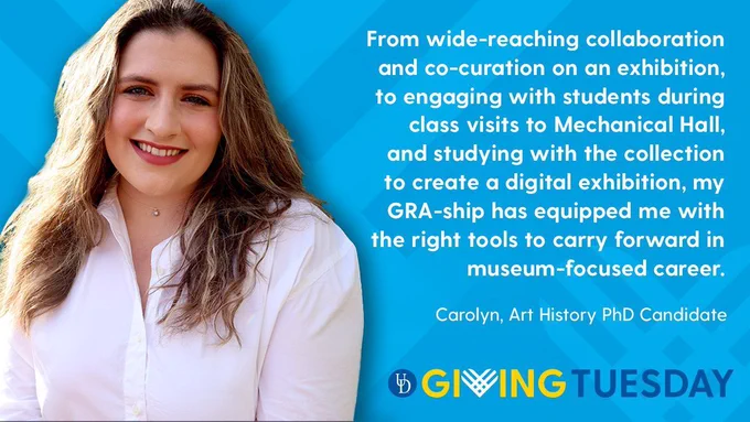 Student assistant standing next to her quote about her experience as a student worker. Text reads in part: "Giving Tuesday".