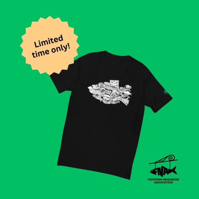 A short-sleeved Fish of Fishtown t-shirt on a winter holiday green background with the Fishtown Neighbors Association logo.
