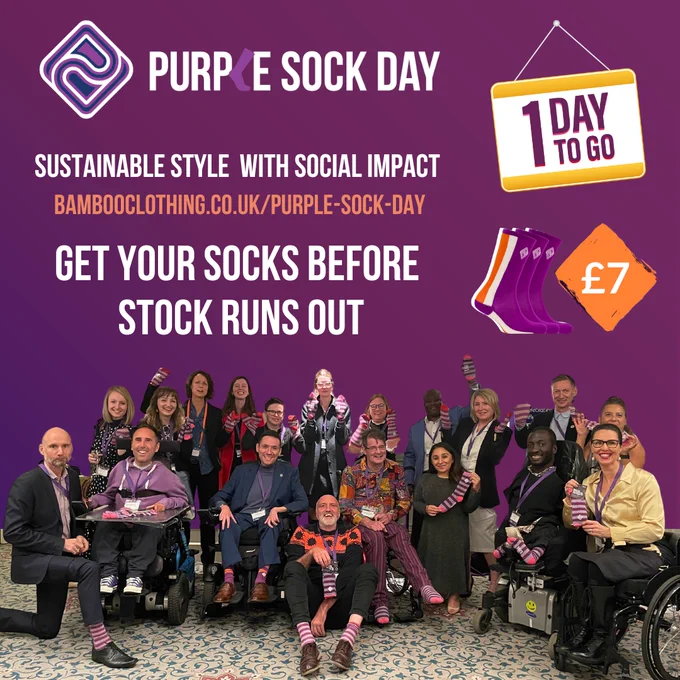 A light purple grid graphic. On the left side is a purple and white diamond Parallel logo followed by ‘Purple Sock Day’, the ‘L’ shaped like a sock. Text reads ‘Sustainable style with social impact. Bambooclothing.co.uk/purple-sock-day’. On the right side is an orange diamond with ‘£7’ written in the centre of it next to a pair of purple socks. Across the bottom is a photo of Beth along with fellow disabled entrepreneurs, friends, and supporters styling their socks, looking incredibly dashing.