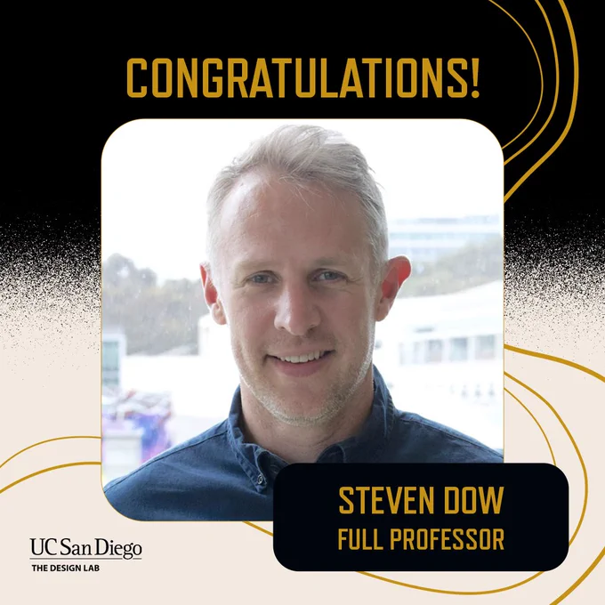 A photo of Steven Dow inset inside a graphic frame of swirls and gritty texture. It has the Design Lab logo and the words "Congratulations!" and "Steven Dow, Full Professor."