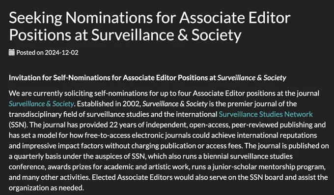 Screenshot of announcement advertising associate editor positions.