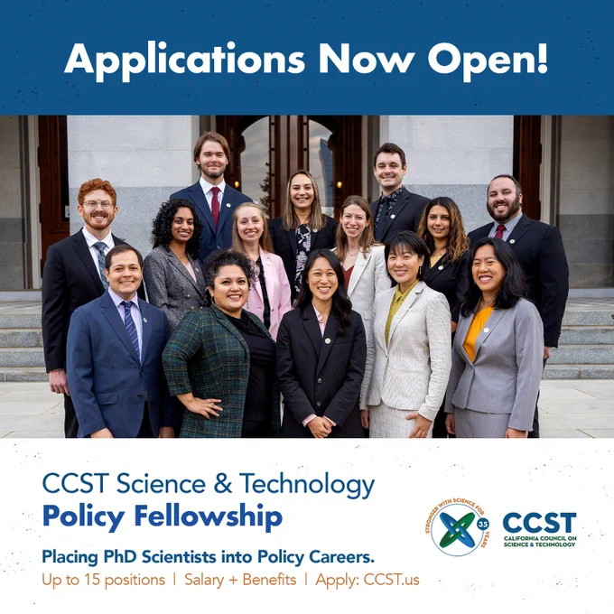 A graphic featuring the banner text "Applications Now Open" on a blue background up top, a photo of the 2024 Fellows, and a lower third with the program title and organization logo.
