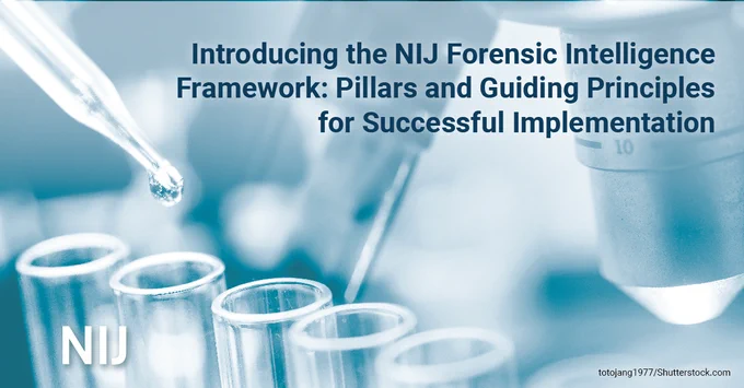 Image of a dropper releasing liquid into vials in a lab. Text reads Introducing the NIJ Forensic Intelligence Framework: Pillars and Guiding Principles for Successful Implementation