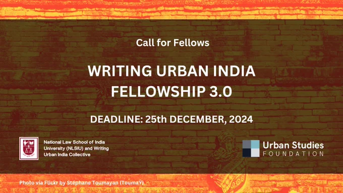 Flyer for the Call for Fellows, WUI 3.0 with USF and National Law School of India University logos. On a photo via Flickr by Stéphane Toumayan (ToumaŸ)