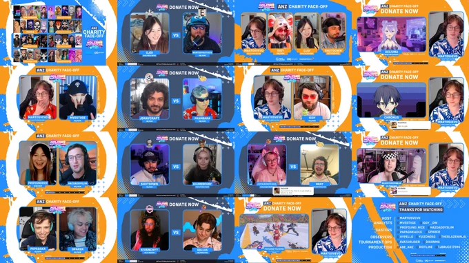 Displayed in the image is a collection of screenshots from Day 1 and  Day 2 of the ANZ Charity Face-Off that happened over the weekend. It includes the 40 players, all hosts, casters, analysts and interviews throughout the event. As well as a final in-game interview with the winning team and a graphic thanking all the names of the behind the scenes staff who put the show on.