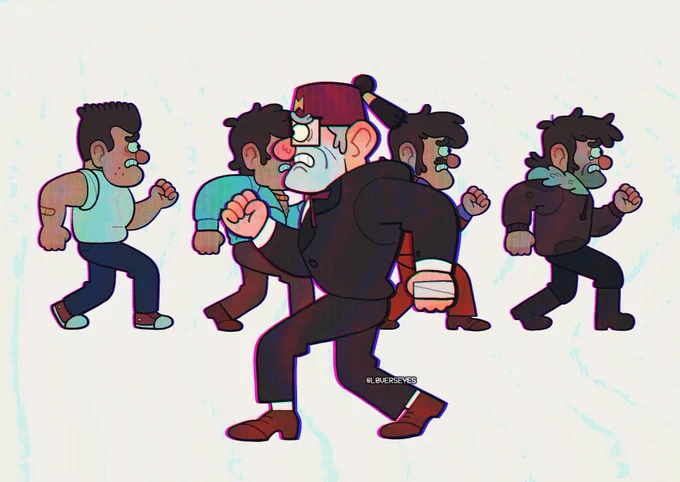 fanart of stan pines based on a still from talking heads - once in a lifetime. 5 versions of stan can be seen: his old self in front facing left, while teen stan, 2 of his fake identities, and mullet stan is behind him facing right. they're all in a stepping motion with an agonized expression.