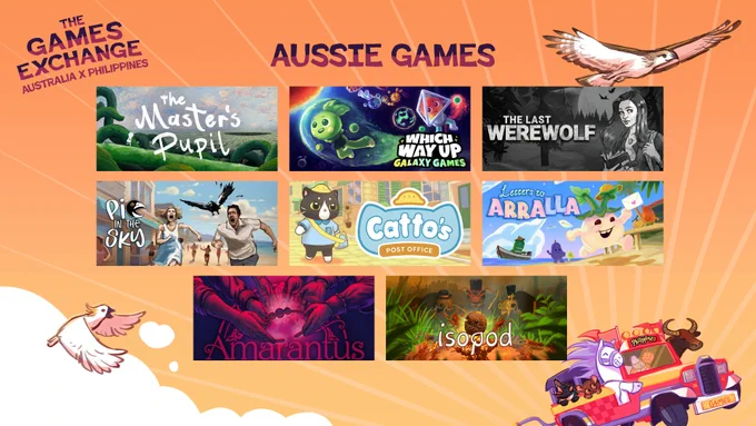 Shows off all 8 australian indie games (their key art) we're showcasing for the games exchange. The games are The Master's Pupil, Which Way Up: Galaxy Games, The Last Werewolf, Pie in the Sky, Catto's Post Office, Letters to Arralla, Amarantus and Isopod!