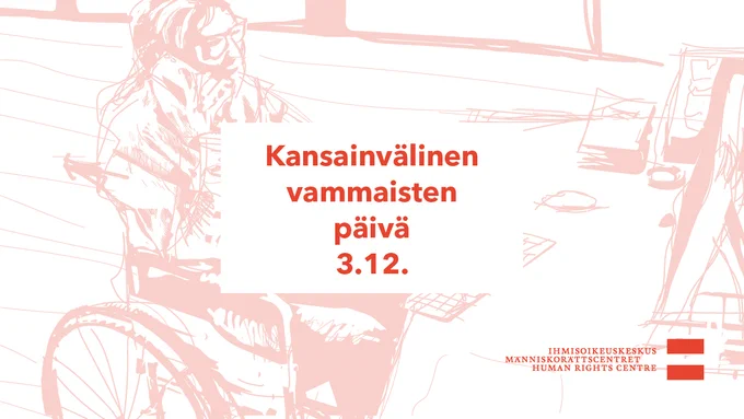 Grafiikkavedos, jossa henkilö istuu pyörätuolissa toimistossa työpöydän ääressä ja puhuu puhelimeen.