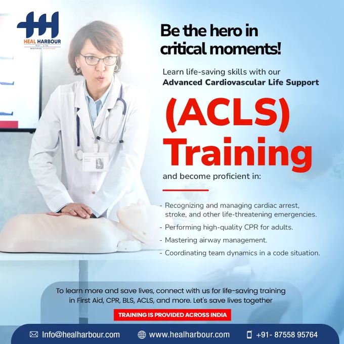 Be the hero in critical moments!  Learn life-saving skills with our Advanced Cardiovascular Life Support (ACLS) Training and become proficient in:

Recognizing and managing cardiac arrest, stroke, and other life-threatening emergencies.
Performing high-quality CPR for adults.
Mastering airway management.
Coordinating team dynamics in a code situation.

Contact Us:  91-87558 95764

Learn More : www.healharbour.com

#ACLS #AdvancedCardiovascularLifeSupport #CPR #Heal #Harbour #HealHarbourPvtLtd #Training #Uttarakhand